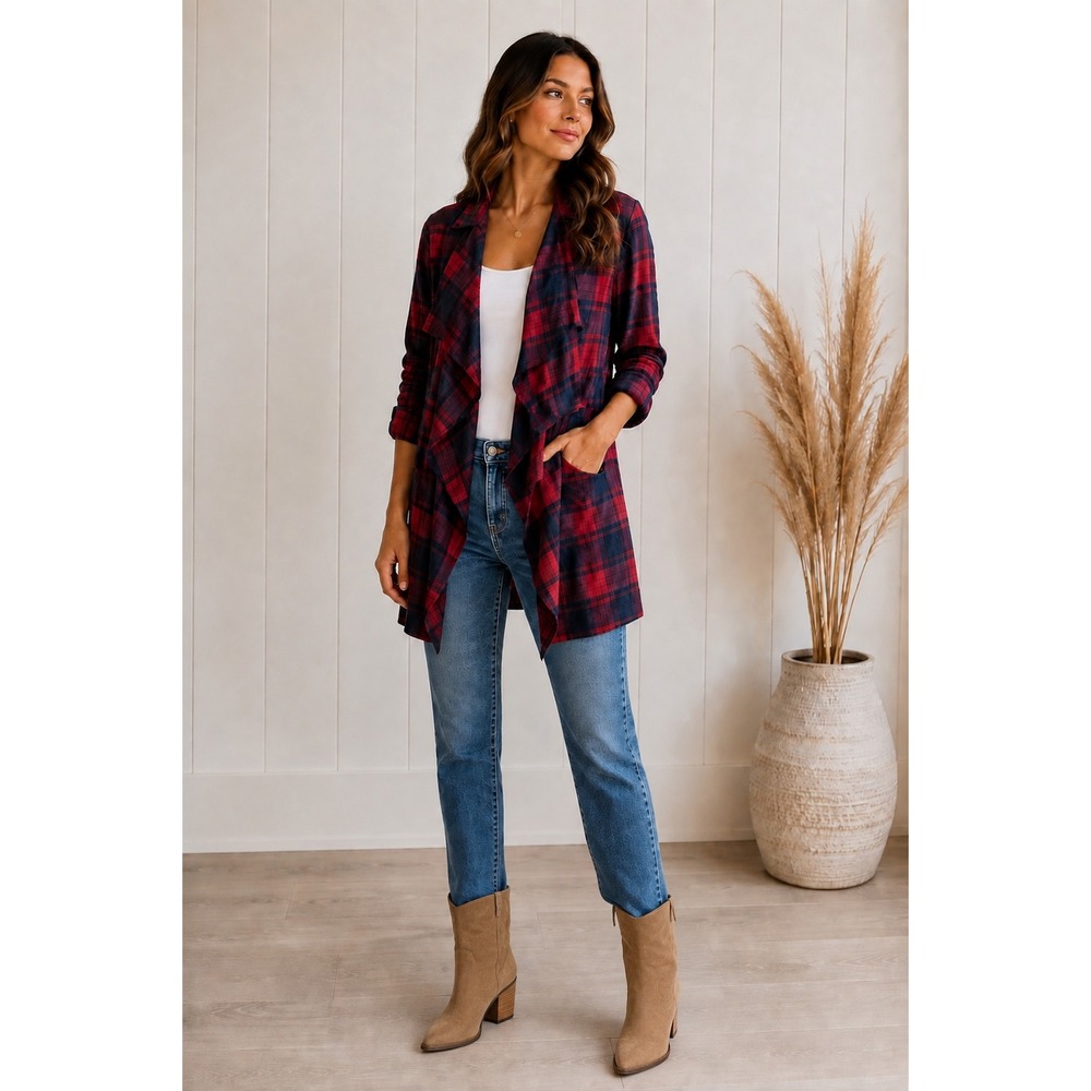 Blue Rain Drape Front Plaid Cardigan Red Navy Cotton Flannel L
